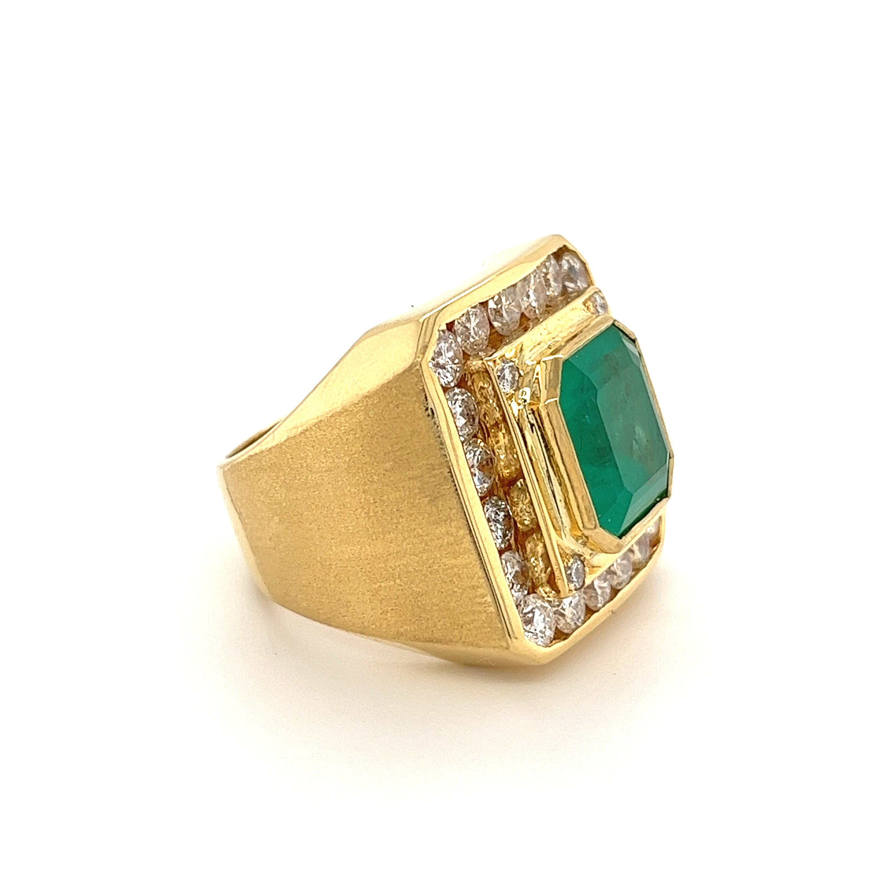 Emerald Cut 5 Carat Colombian Emerald Mens Ring with Round Diamond Halo in 18k Yellow Gold