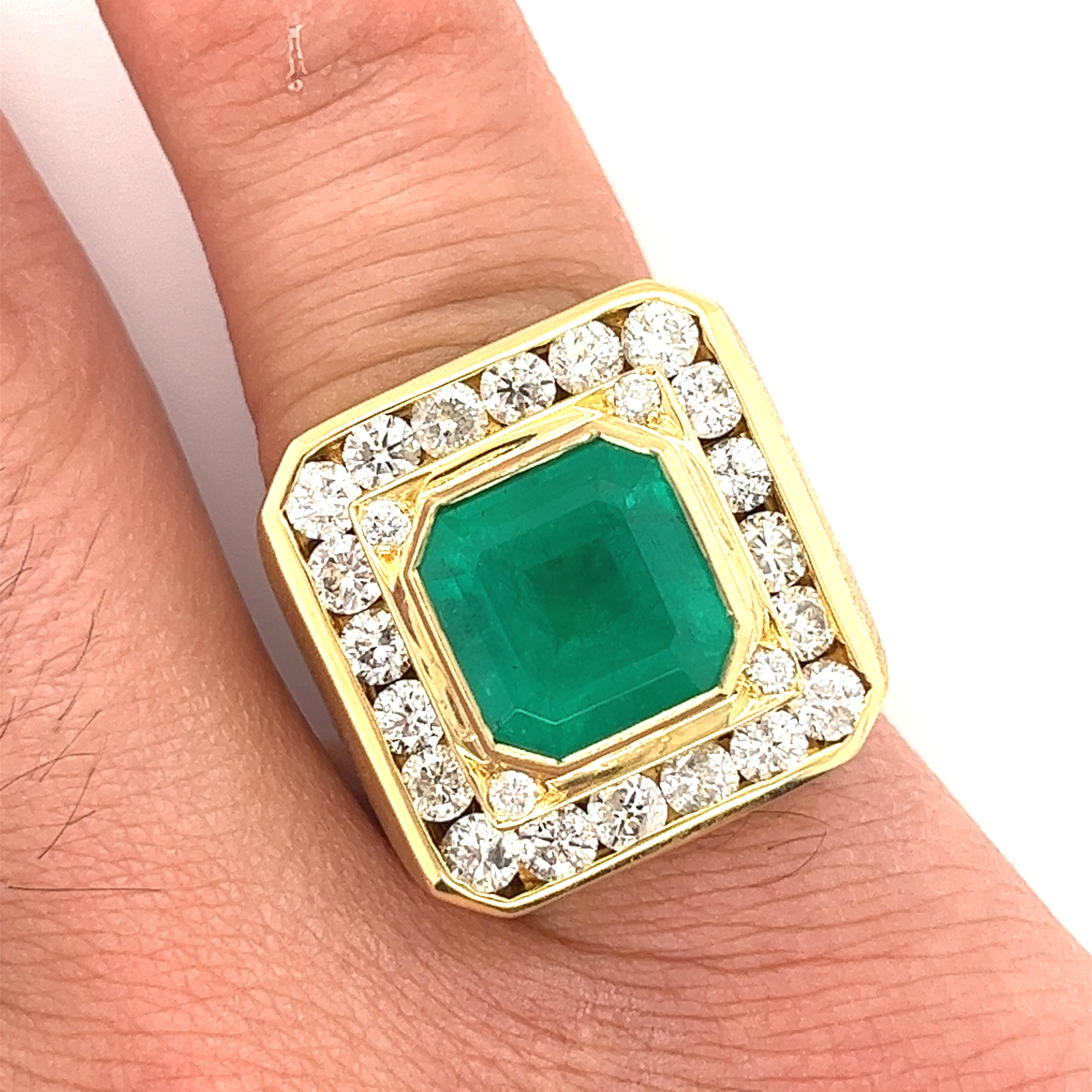 5 Carat Colombian Emerald Mens Ring with Round Diamond Halo in 18k Yellow Gold 1