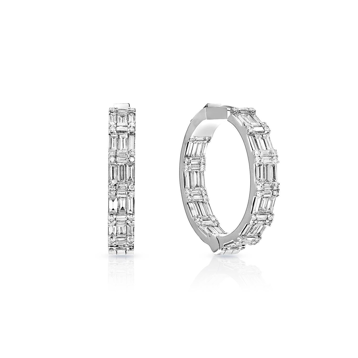 The perfect gift for her, these 5.41 carat Diamond Huggie Earrings For Ladies will take her breath away. These earrings feature a vibrant, sparkling hoop diamond that is set in 18kt White Gold. Gently curved arms make these earrings a