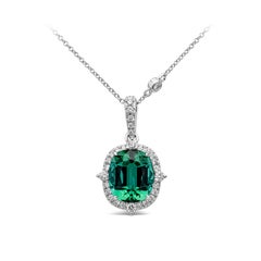 5.00 Carats Cushion Cut Blue Green Tourmaline & Diamond Pendant Necklace