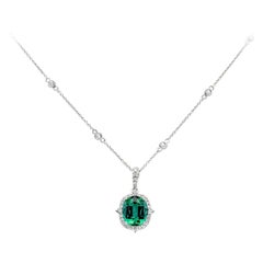 5 Carat Cushion Cut Blue Green Tourmaline and Diamond Pendant Necklace