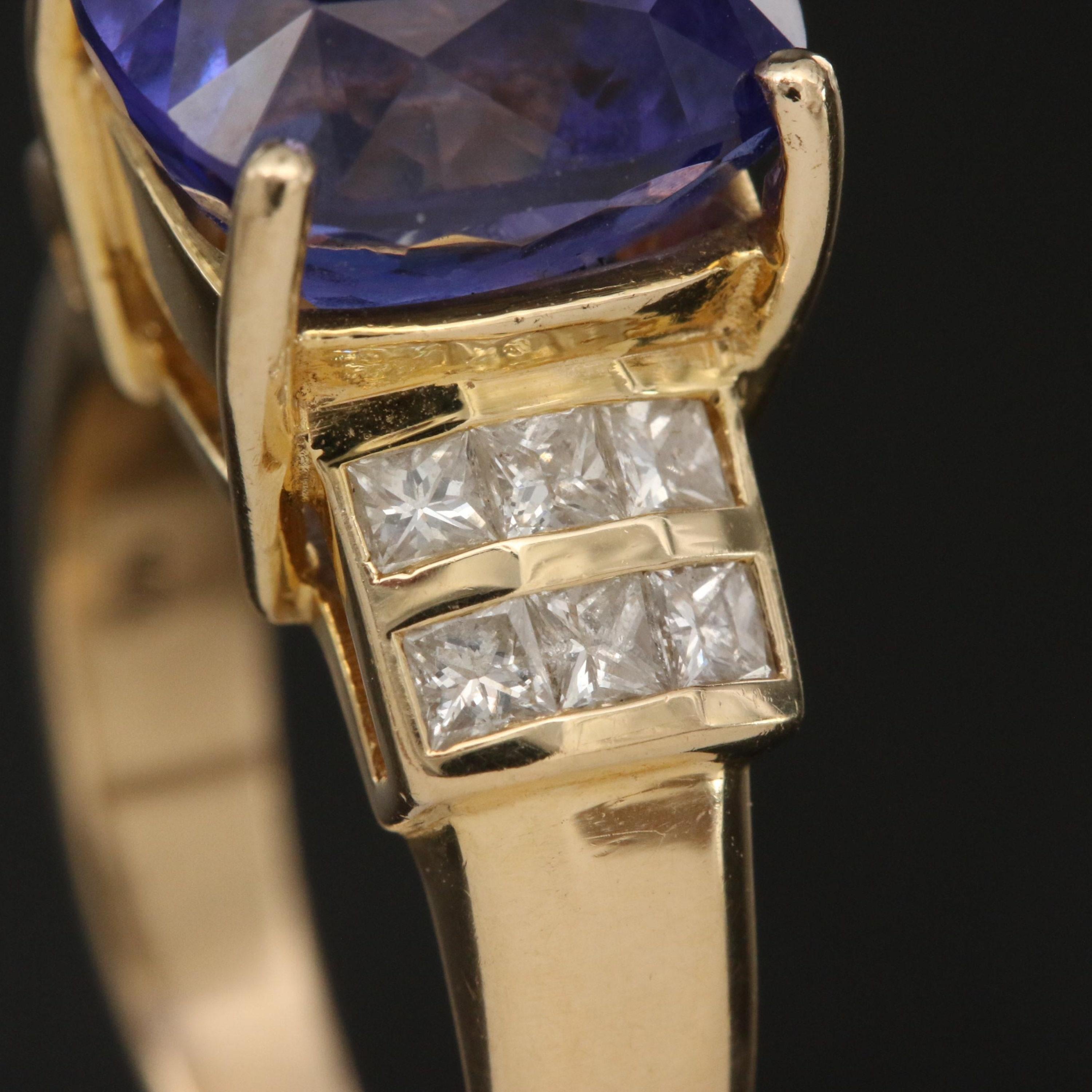 For Sale:  5 Carat Cushion Cut Tanzanite Engagement Ring, Yellow Gold Diamond Wedding Ring 4