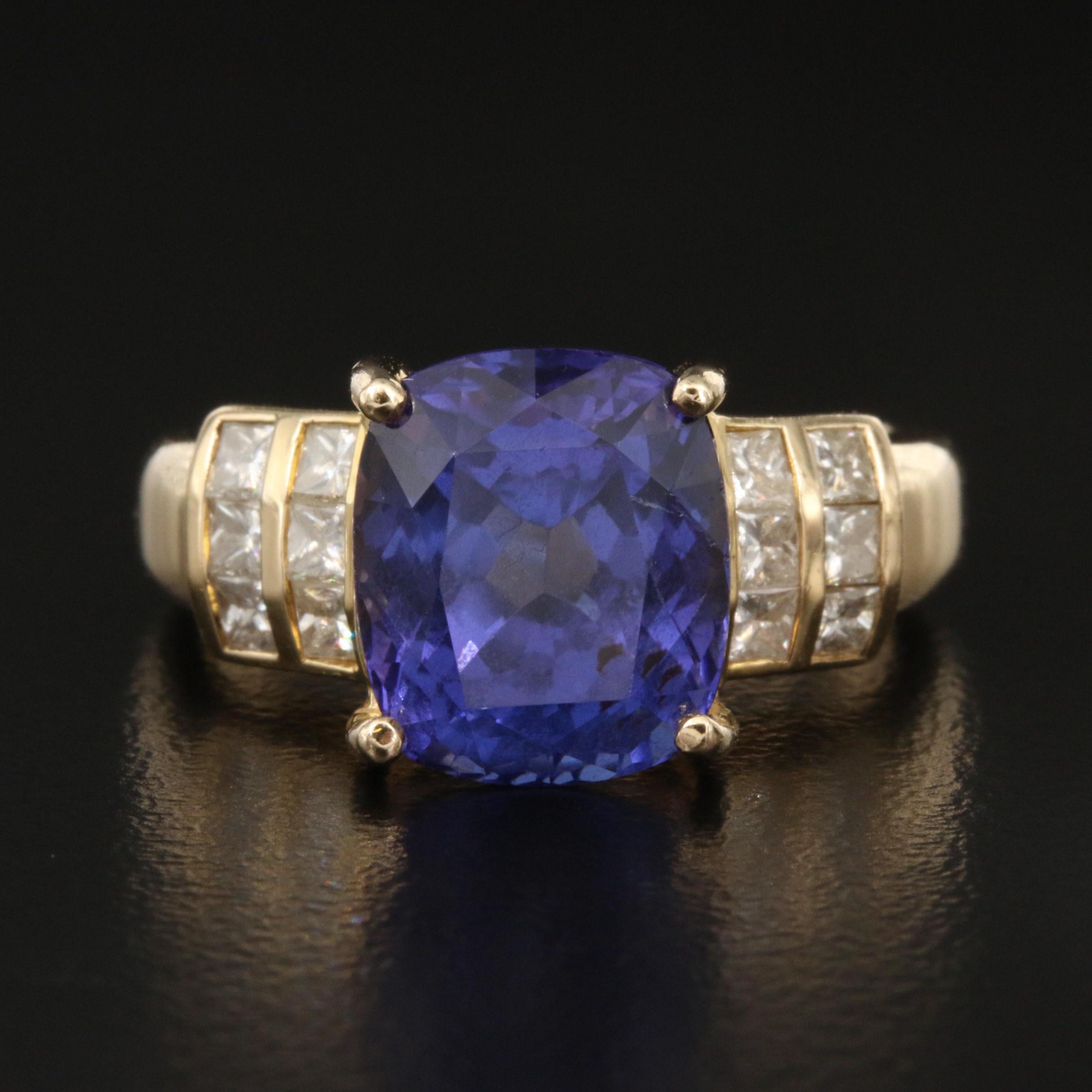 For Sale:  5 Carat Cushion Cut Tanzanite Engagement Ring, Yellow Gold Diamond Wedding Ring 5
