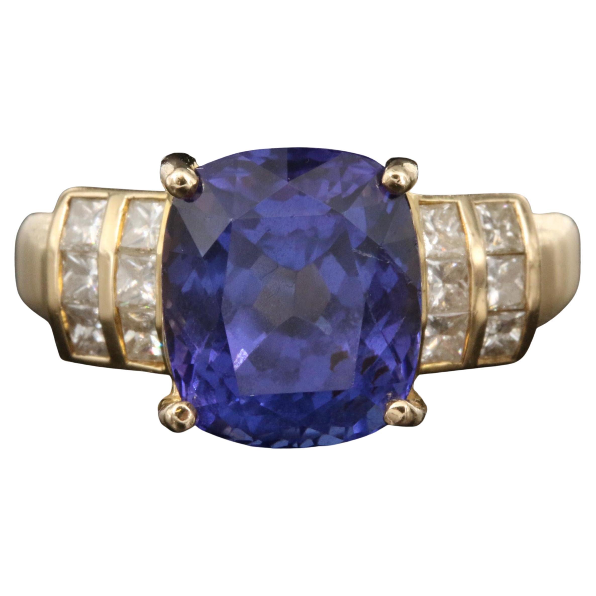 For Sale:  5 Carat Cushion Cut Tanzanite Engagement Ring, Yellow Gold Diamond Wedding Ring