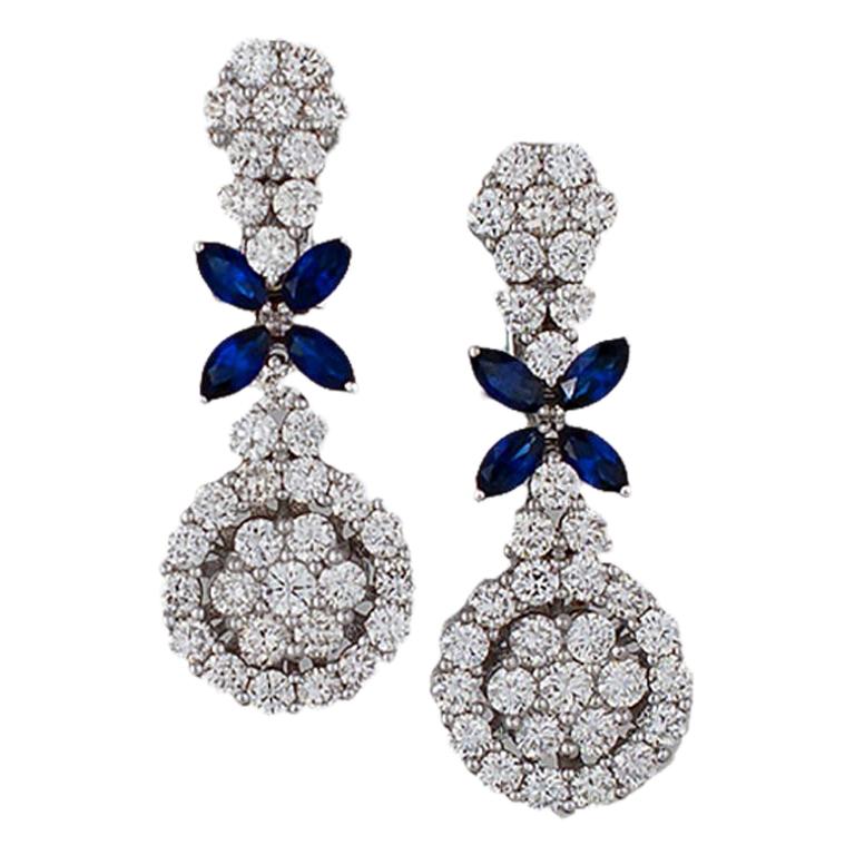 Bowtie, 5 Carat Diamond and Sapphire Dangle, White Gold Earrings For Sale