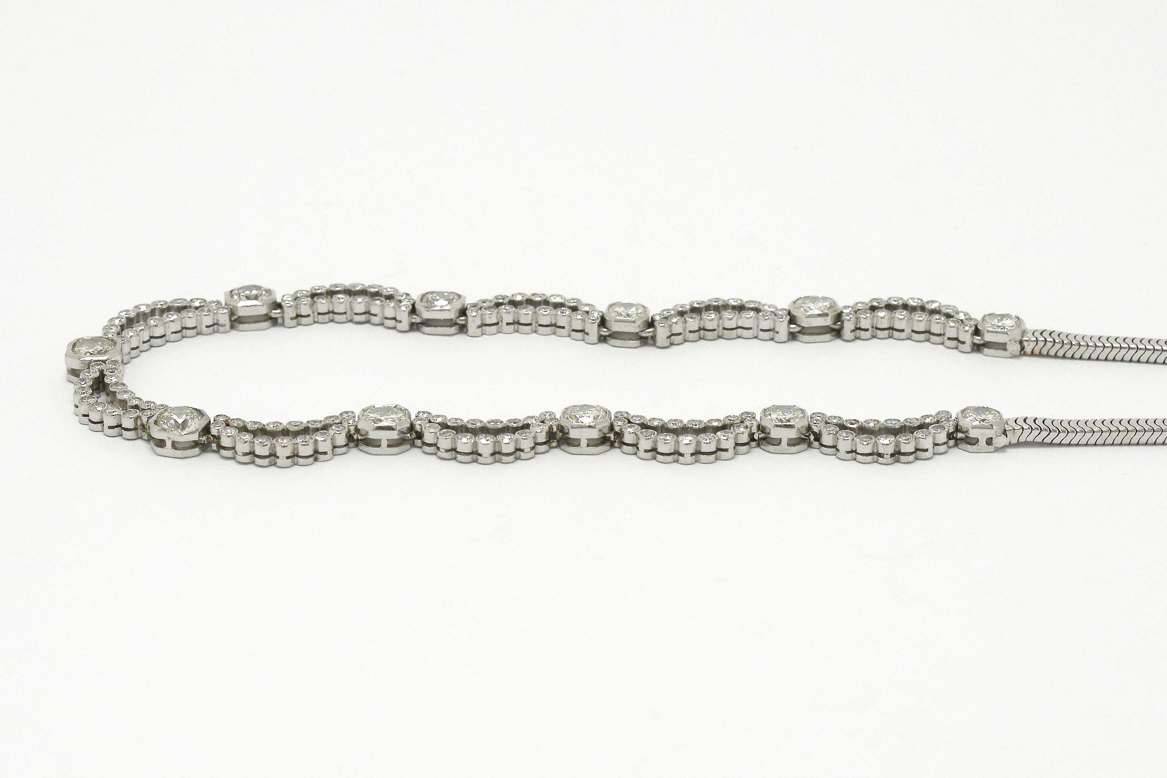 Brilliant Cut 5 Carat Diamond Art Deco Waterfall Necklace Scalloped Bib Snake Chain Platinum