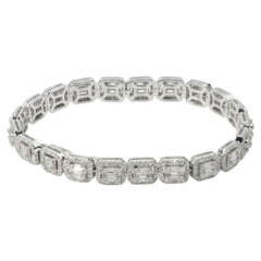 Bracciale tennis con diamanti da 5 carati a taglio baguette e rotondo brillante, in oro bianco 18 carati