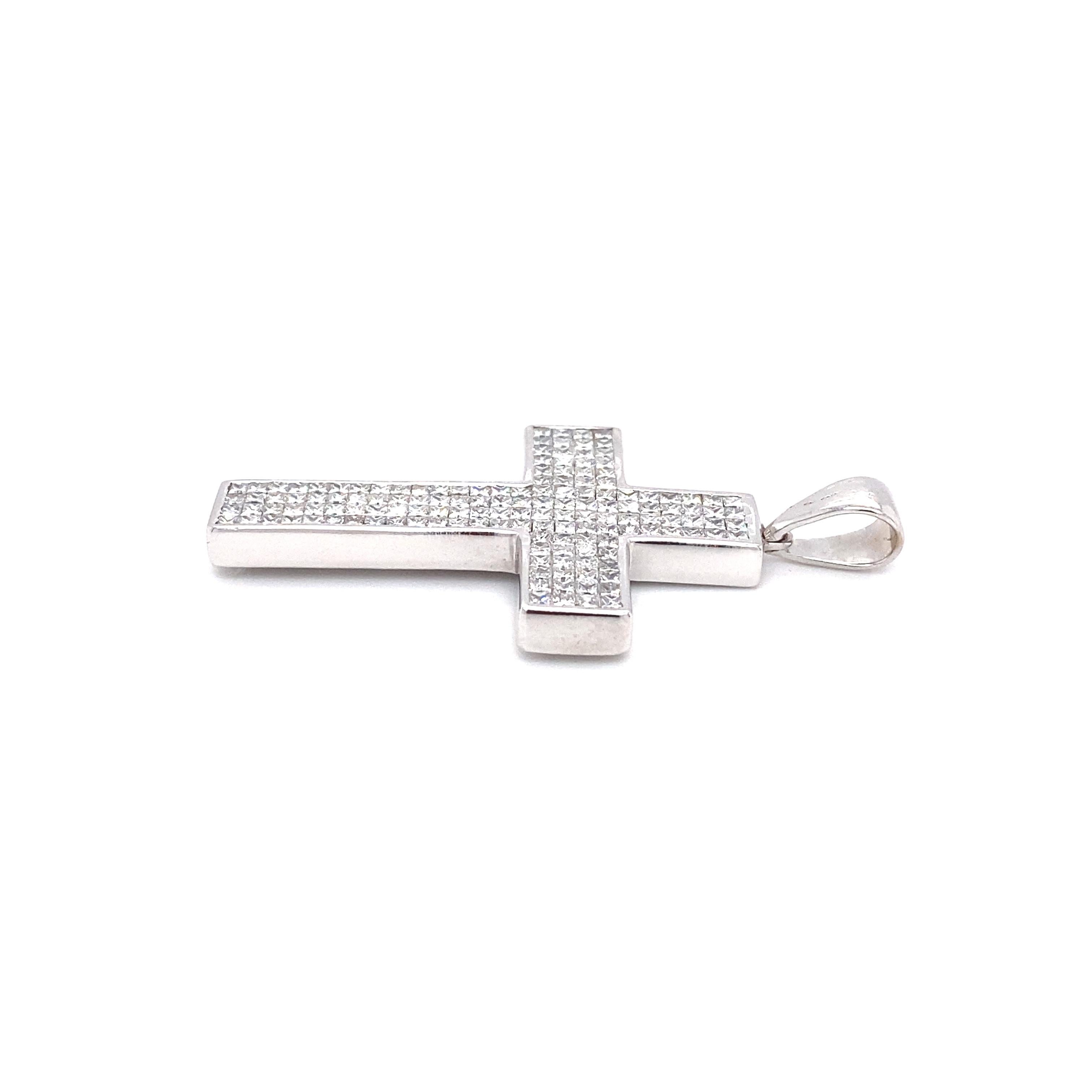 Princess Cut 5 Carat Diamond Cross Pendant in 18 Karat White Gold For Sale