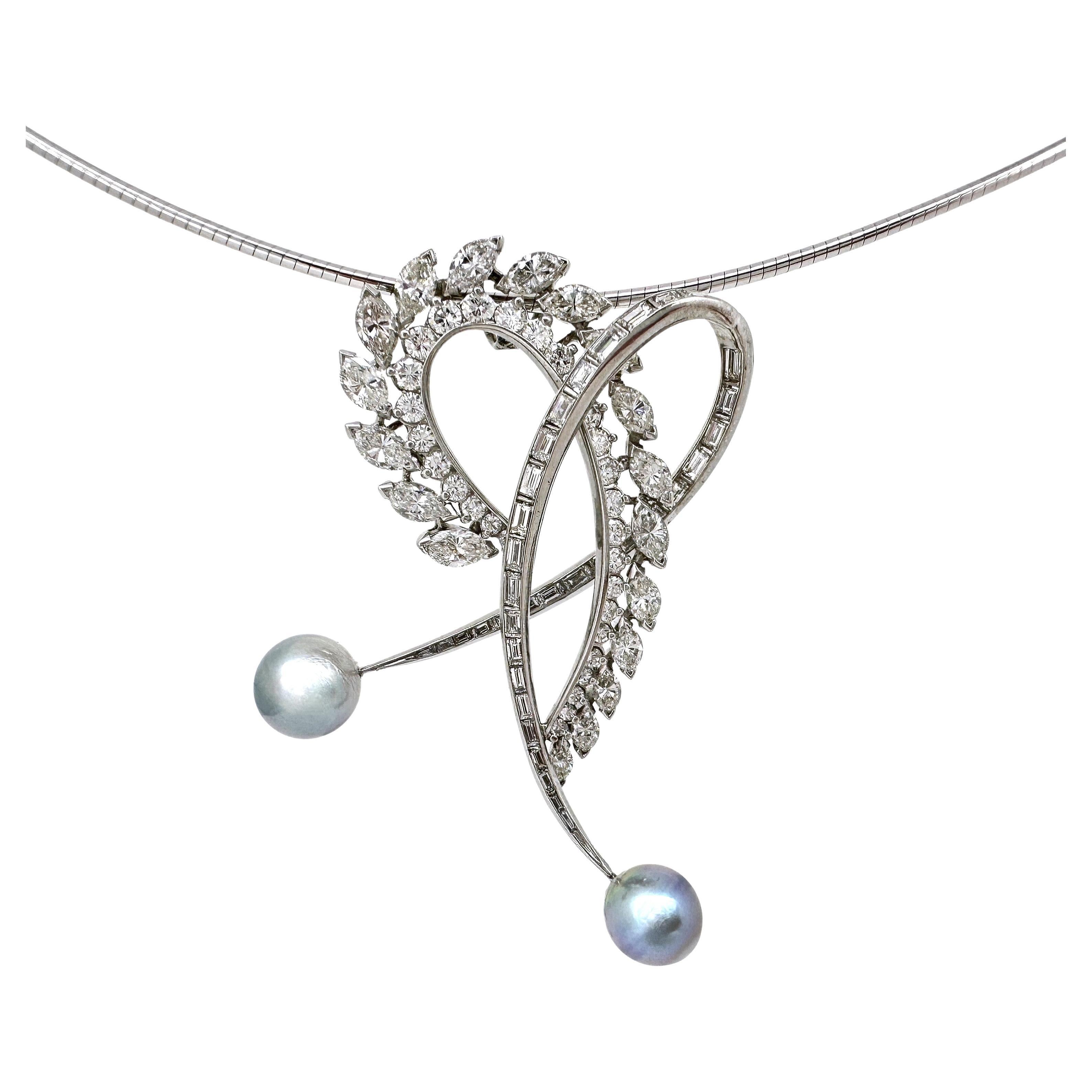 4.5 Carat Diamond "Mad Heart" Pendant in Platinum with Silver Akoya Pearls For Sale