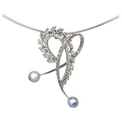 4.5 Carat Diamond "Mad Heart" Pendant in Platinum with Silver Akoya Pearls