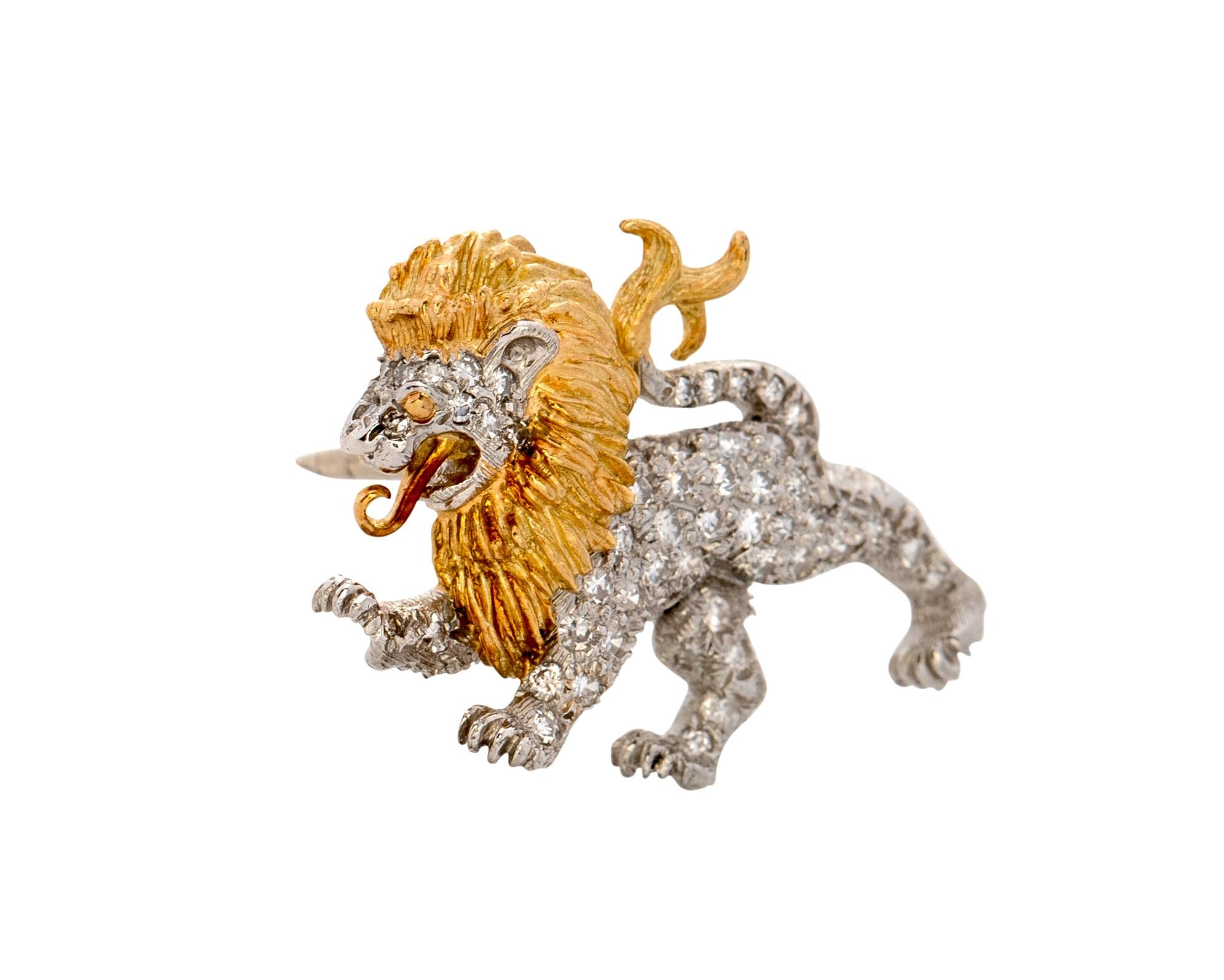 Item Description:
Metal Type: Platinum and 18 Karat Yellow Gold
Weight: 4.6 Grams
Measurement: 0.75 Inch (Length x Width)

Diamond Details:
Cut: Round Brilliant
Carat: .5 Carat 
Color: G
Clarity: VS

Made by Designer McTeigue 
This beautiful Lion
