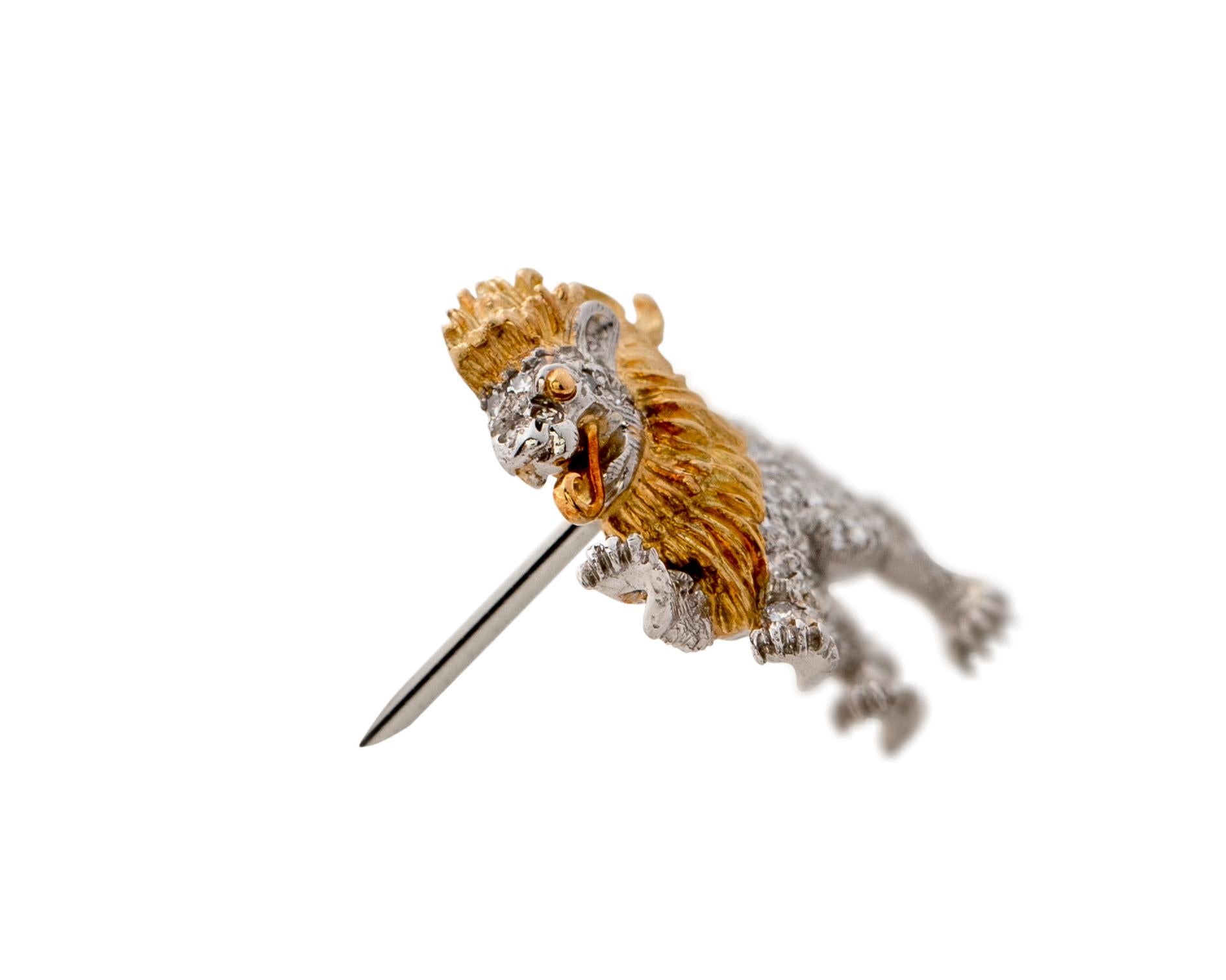 Retro .5 Carat Diamond, Platinum and 18 Karat Gold Lion Pin Brooch