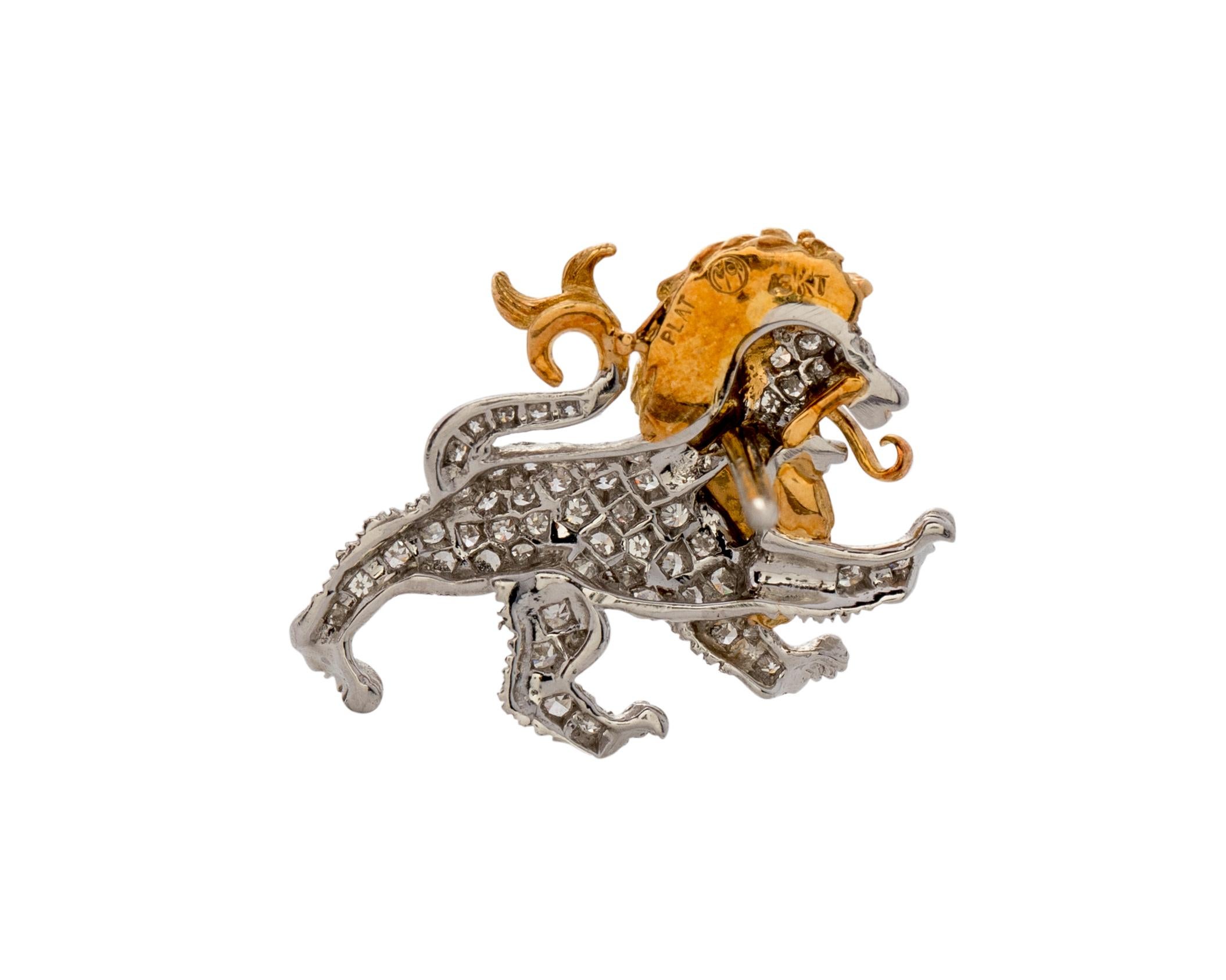 Round Cut .5 Carat Diamond, Platinum and 18 Karat Gold Lion Pin Brooch