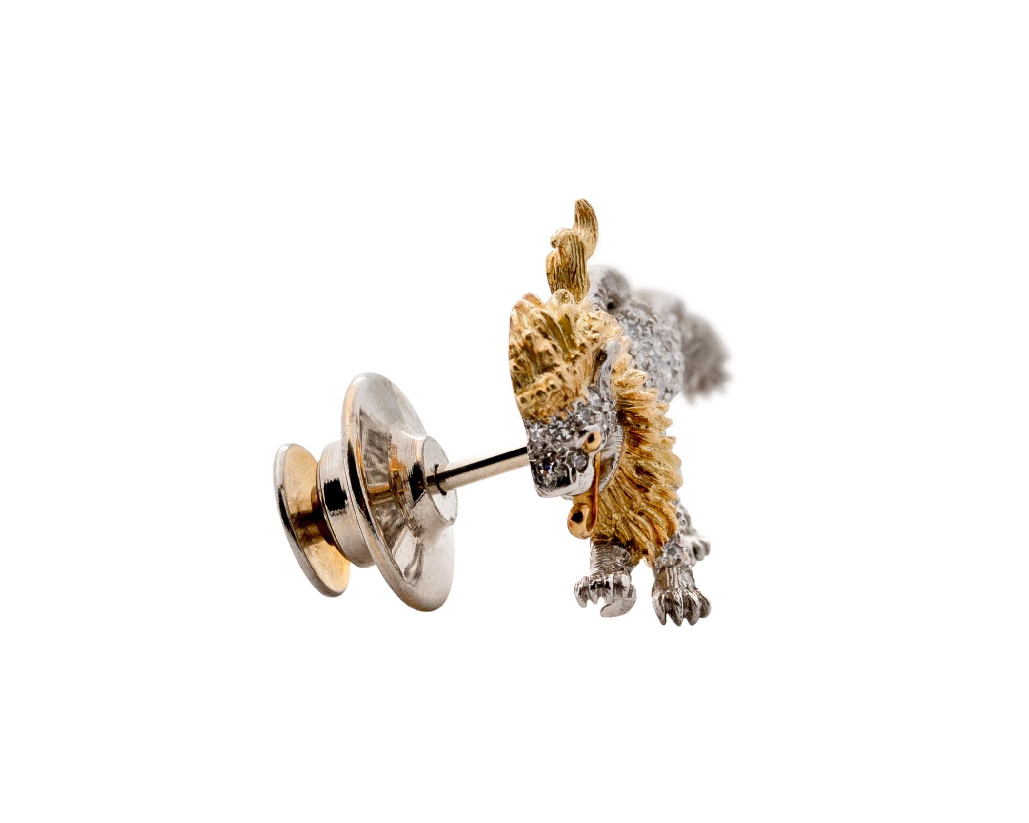 0.5 Carat Diamond, Platinum and 18 Karat Gold Lion Pin Brooch In Excellent Condition For Sale In Hicksville, NY