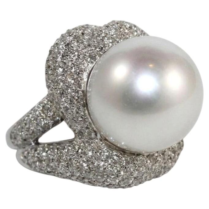 5 Carat Diamond South Sea Pearl 18k White Gold Cocktail Ring