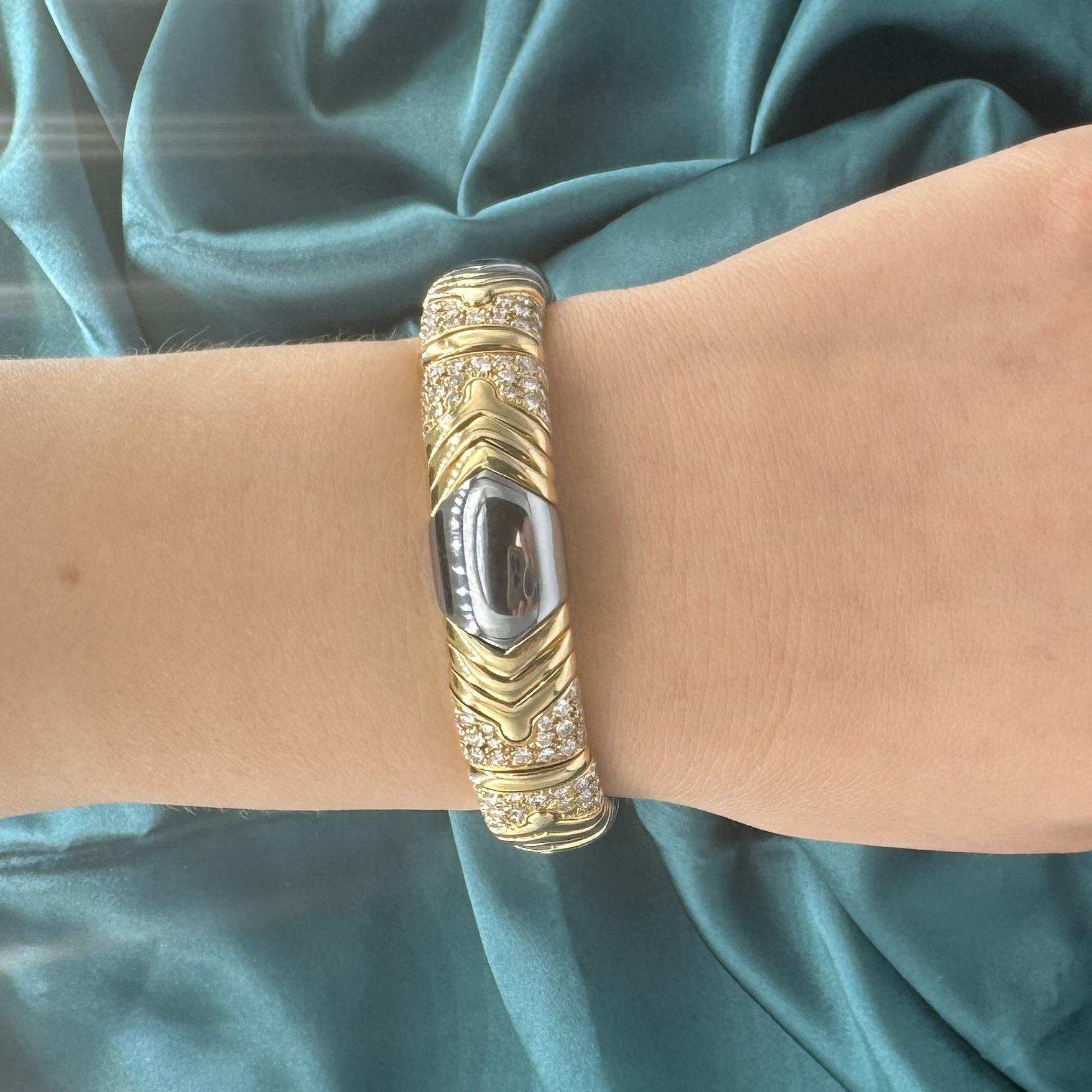 Retro 5 Carat Diamond Vintage Italian 18K Gold and Steel Bangle For Sale