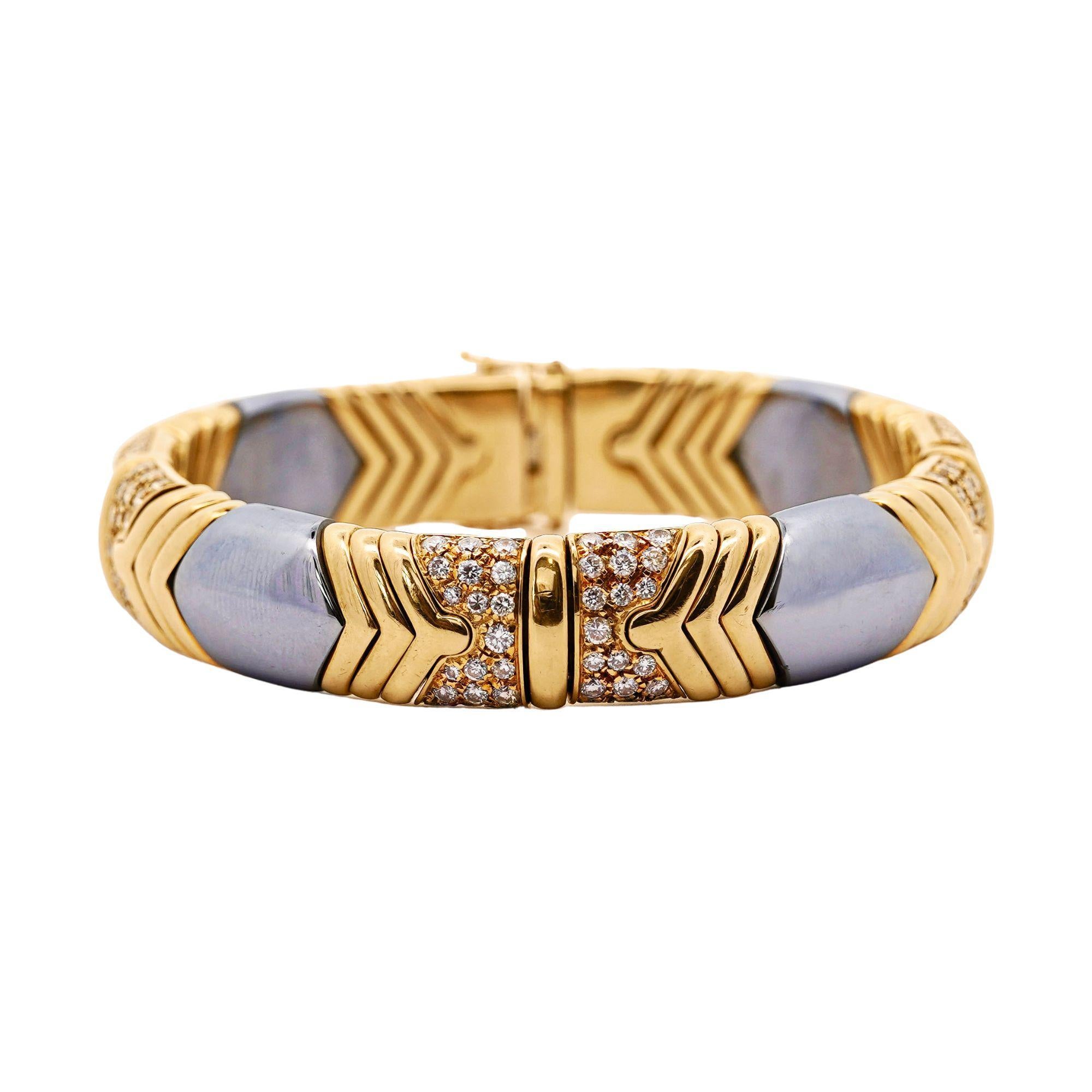 Women's 5 Carat Diamond Vintage Italian 18K Gold and Steel Bangle For Sale