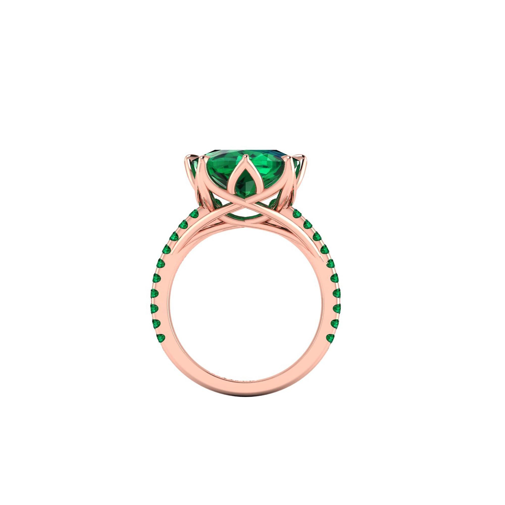 5 carat electric Green Tourmaline, with green Emerald pave' set on the shoulders of a one of a kind, hand made 18k rose gold ring, designed and conceived in New York City. A design that recall nature's vines and ever flowing life of exotic flowers,