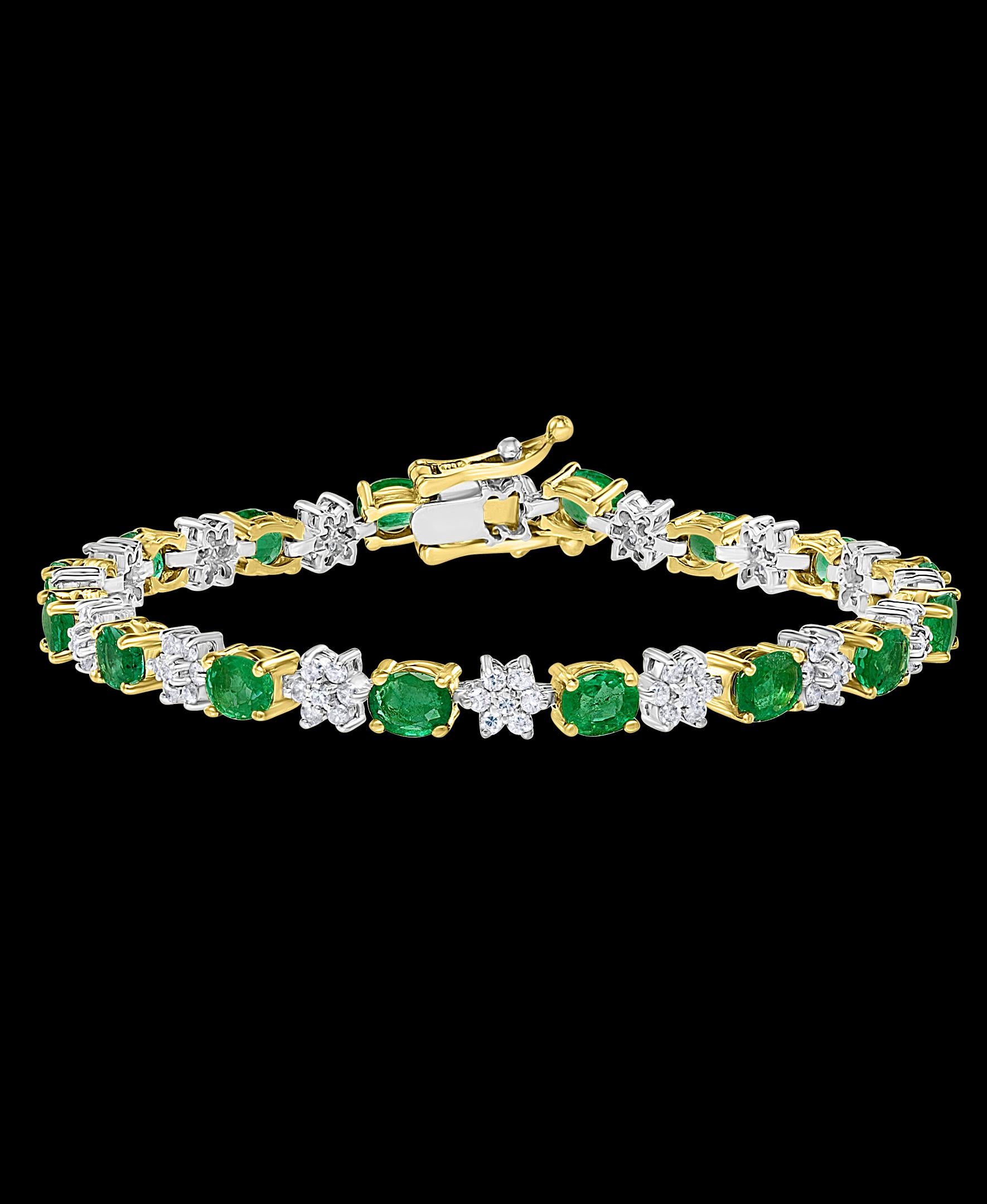  This exceptionally affordable Tennis  bracelet has  16 stones of oval  Emeralds  . Each Emerald is spaced by a diamond flower.  Each  diamond flower is made of 7 diamonds.
 Total weight of Emerald is 5.0 carat. Total number of  diamonds is 112,