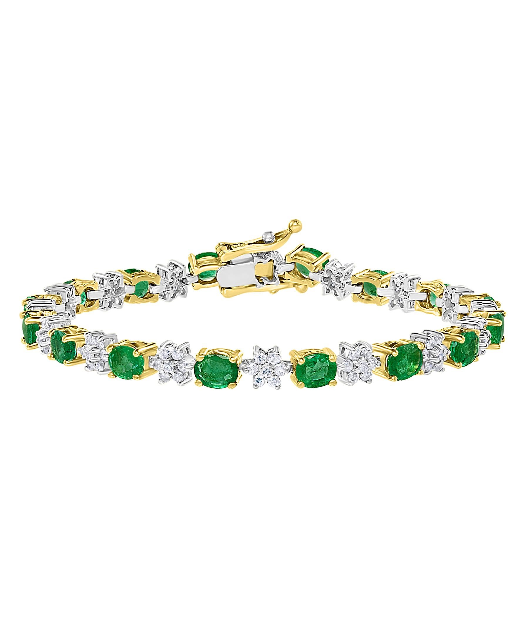 5 Carat Emerald And 2.2 Carat Diamond Flower Tennis Bracelet 14 Karat White Gold In New Condition In New York, NY
