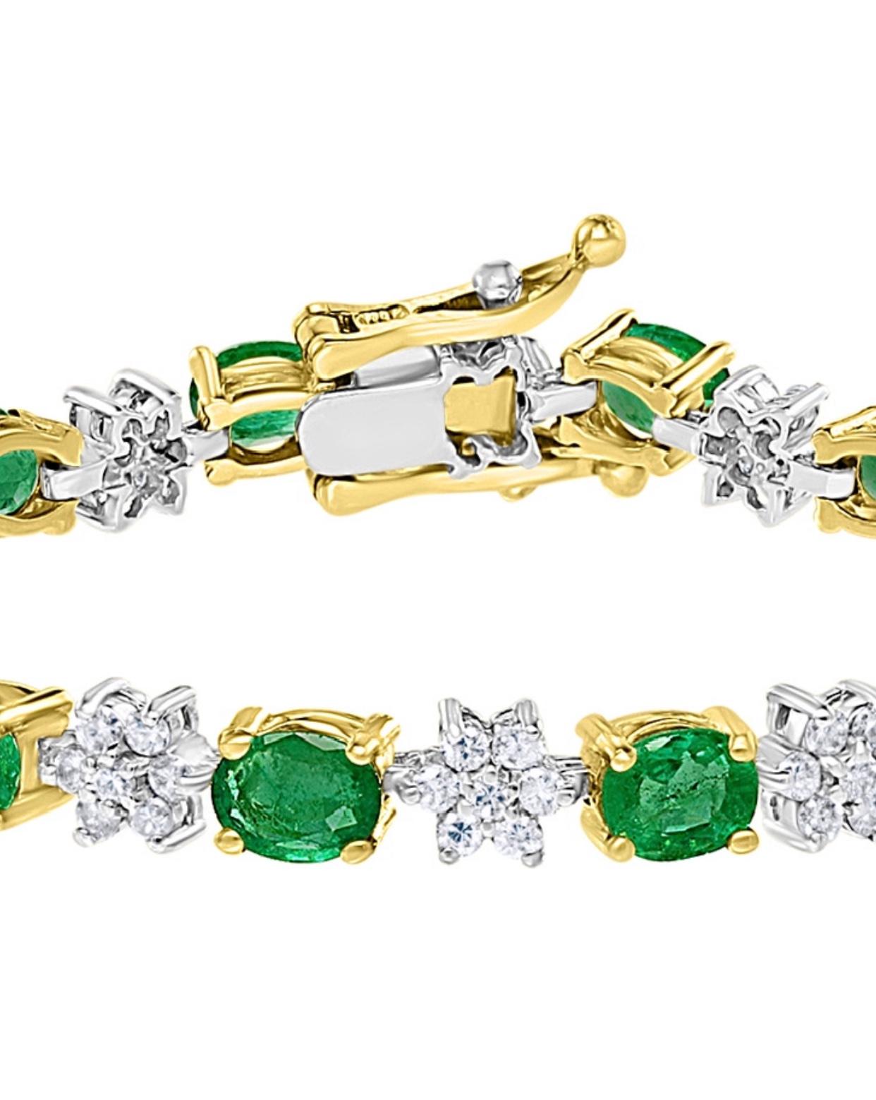 Women's 5 Carat Emerald And 2.2 Carat Diamond Flower Tennis Bracelet 14 Karat White Gold