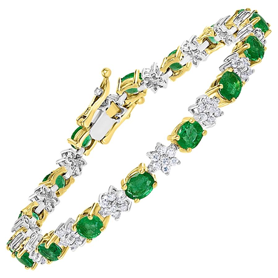 5 Carat Emerald And 2.2 Carat Diamond Flower Tennis Bracelet 14 Karat White Gold
