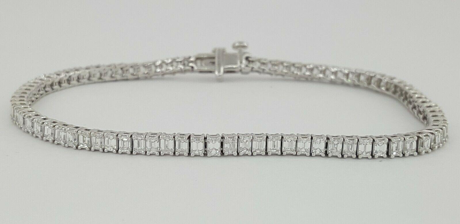 Natural Emerald Cut Diamond Straight Line Tennis Bracelet. 

The bracelet weighs 9.5 grams, 7.25 inches in length, there are 83 Natural Emerald Cut diamonds weighing approximately 5 ct, F-H in color, VS1-SI1 in clarity, & are set in a 4 prong