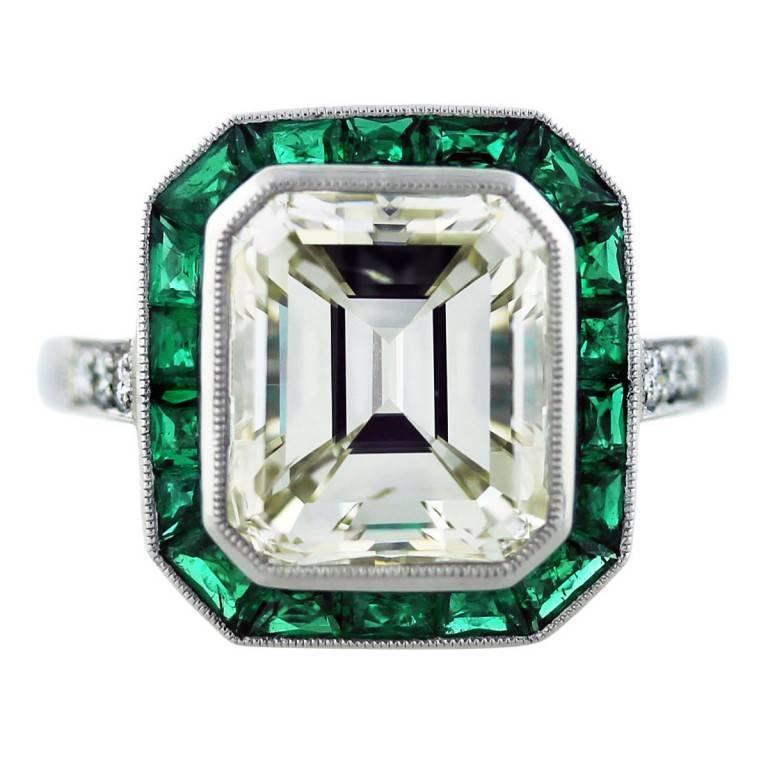 5 Carat Emerald Cut Diamond with Emeralds Engagement Ring