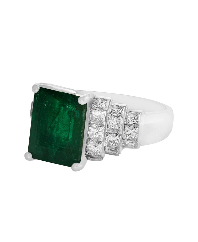 5 Carat Emerald Cut Emerald and Diamond Ring Platinum, Estate at