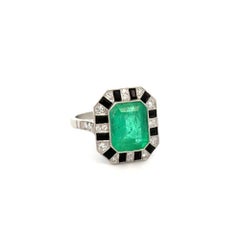 5 Carat Emerald-Cut Emerald, Onyx and Diamond Platinum Vintage Statement Ring