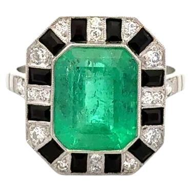 5 Carat Emerald-Cut Emerald, Onyx and Diamond Platinum Vintage Statement Ring