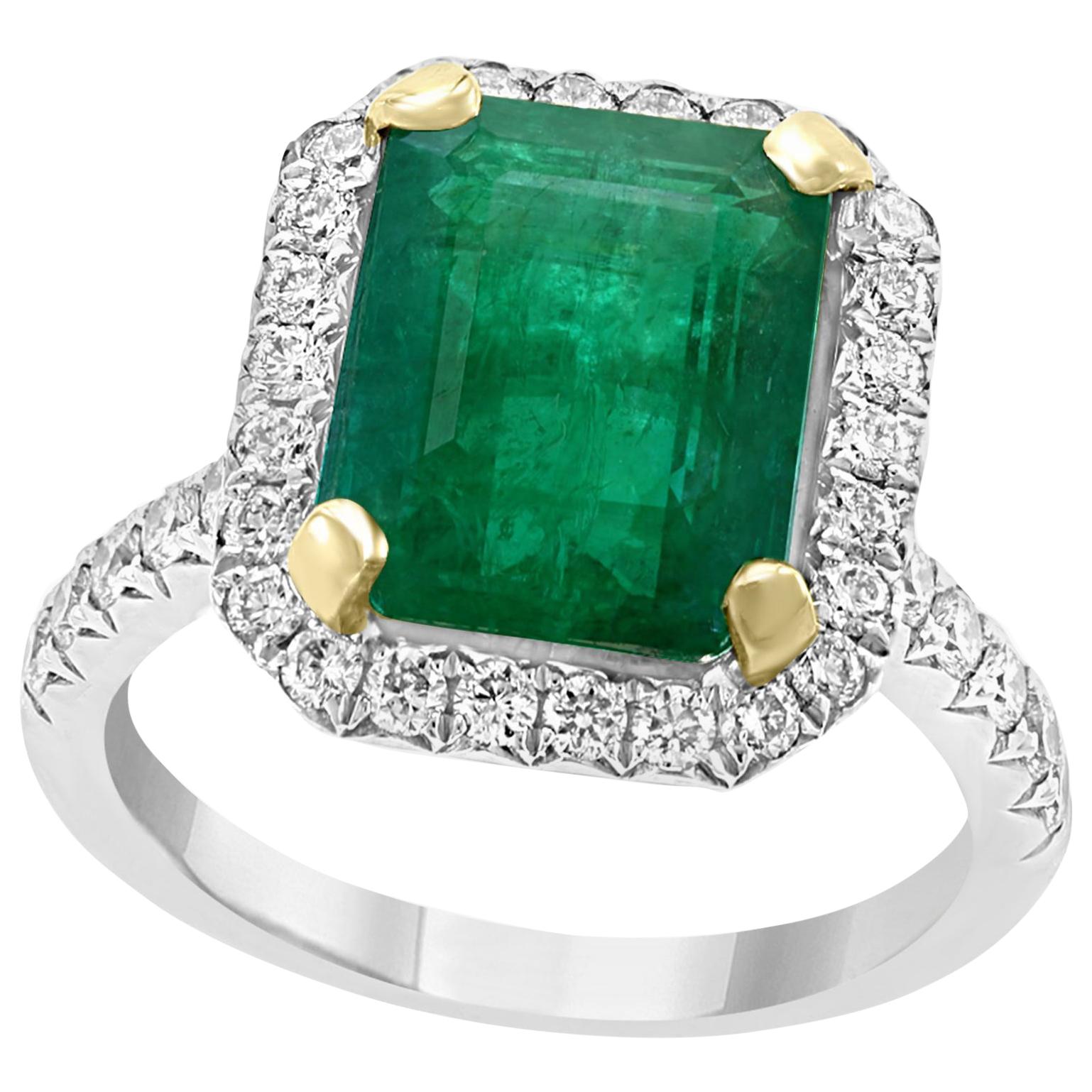 5 Carat Emerald Cut  Natural Emerald and Diamond 18 Karat Gold Ring Estate