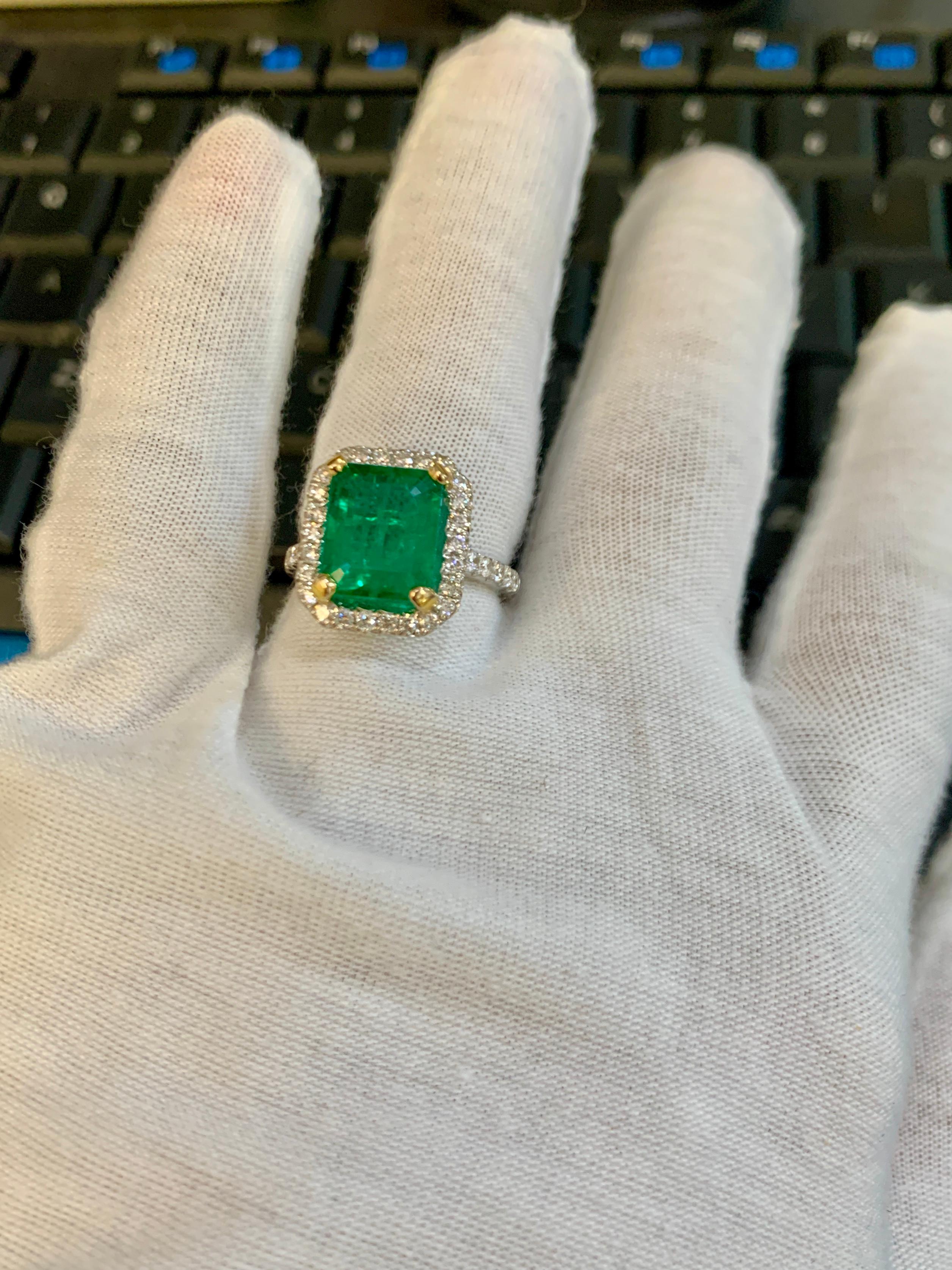 5 Carat Emerald Cut  Natural Emerald and Diamond 18 Karat Gold Ring Estate 7
