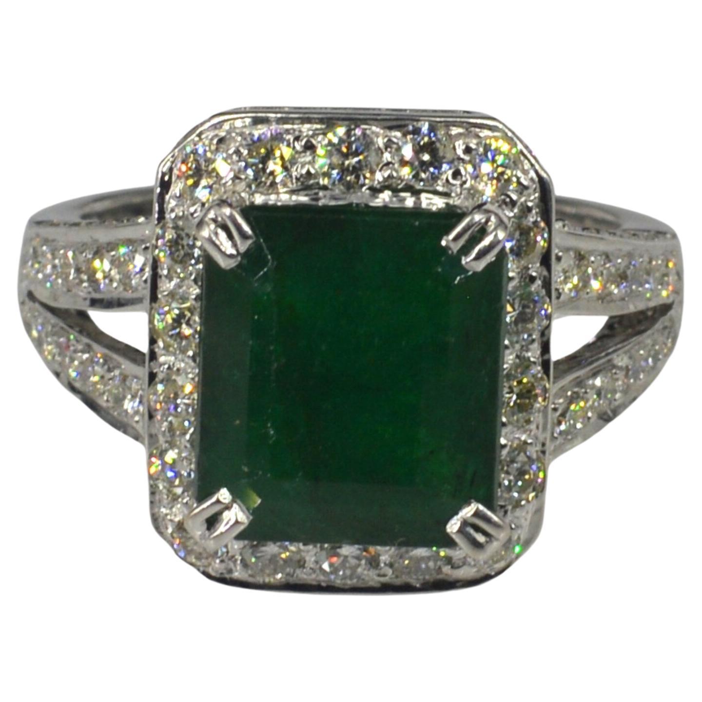 For Sale:  5 Carat Emerald Diamond Engagement Ring, Emerald Statement Ring