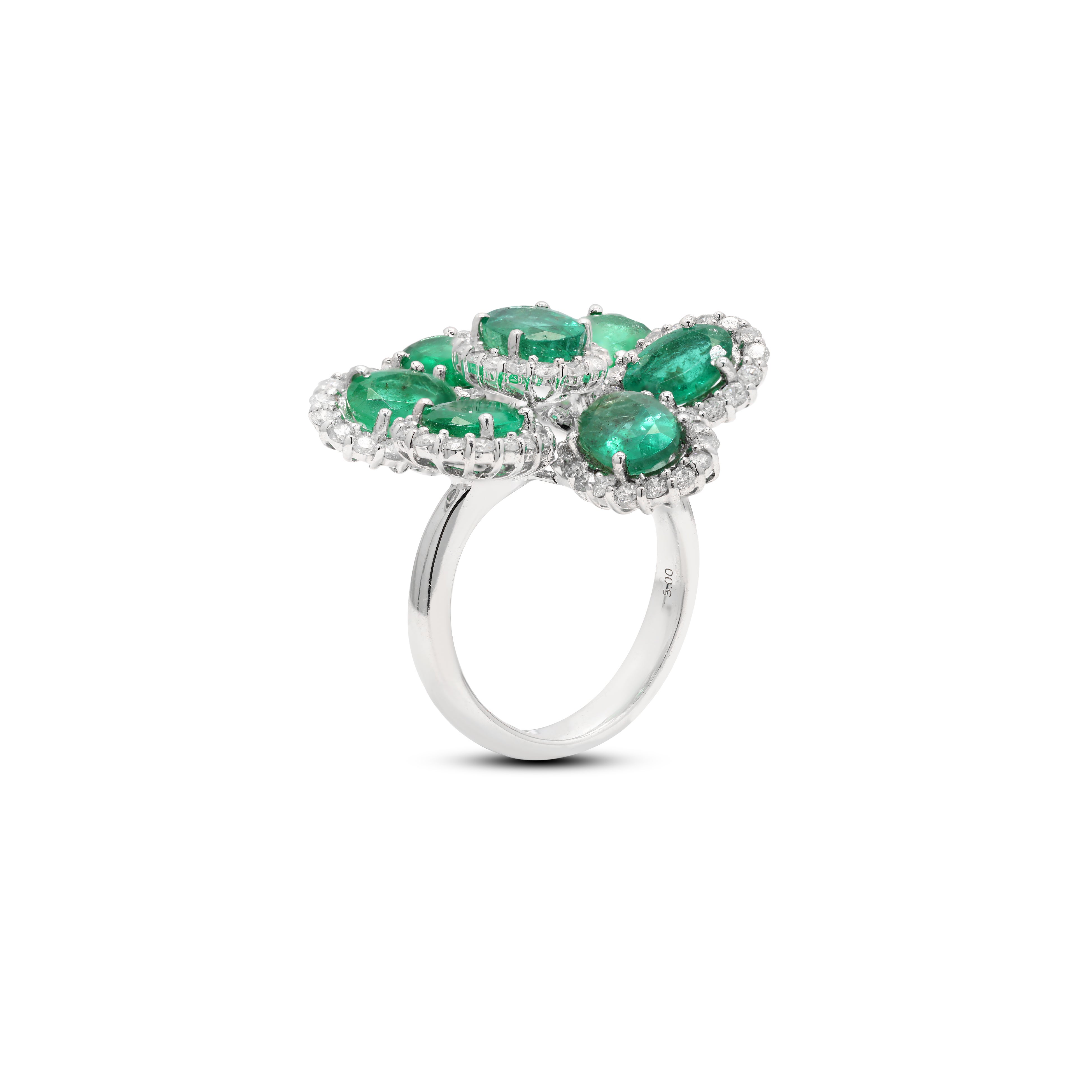 For Sale:  Statement 5 ct Emerald Flower Ring with Halo Diamonds in 14 Karat White Gold 3