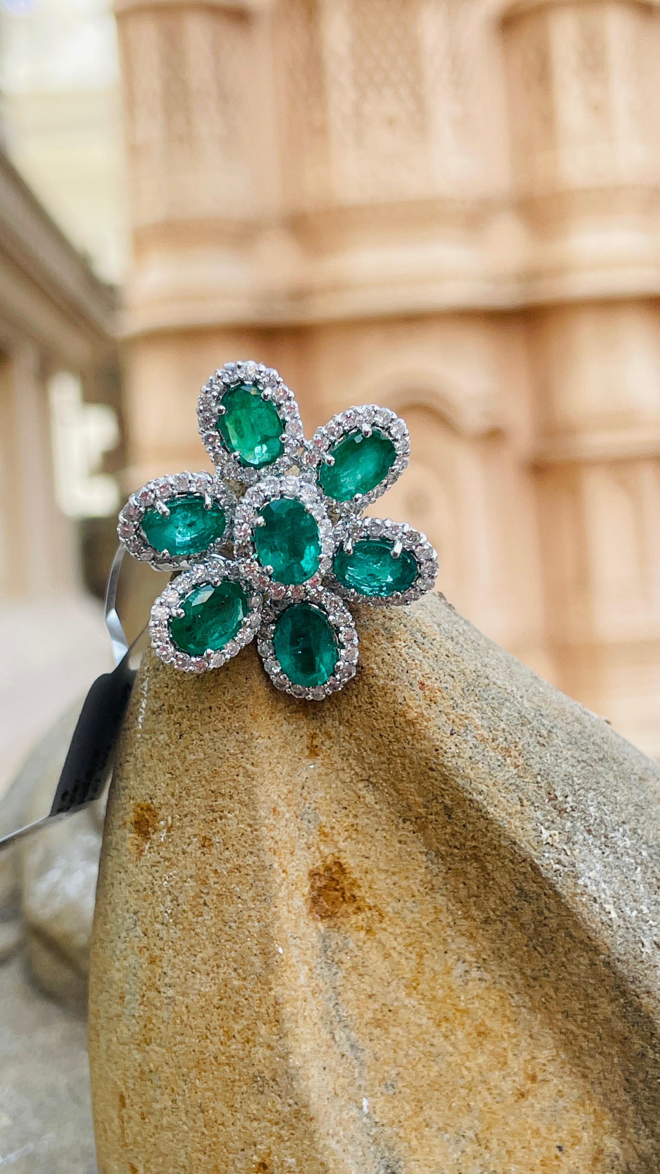For Sale:  Statement 5 ct Emerald Flower Ring with Halo Diamonds in 14 Karat White Gold 2