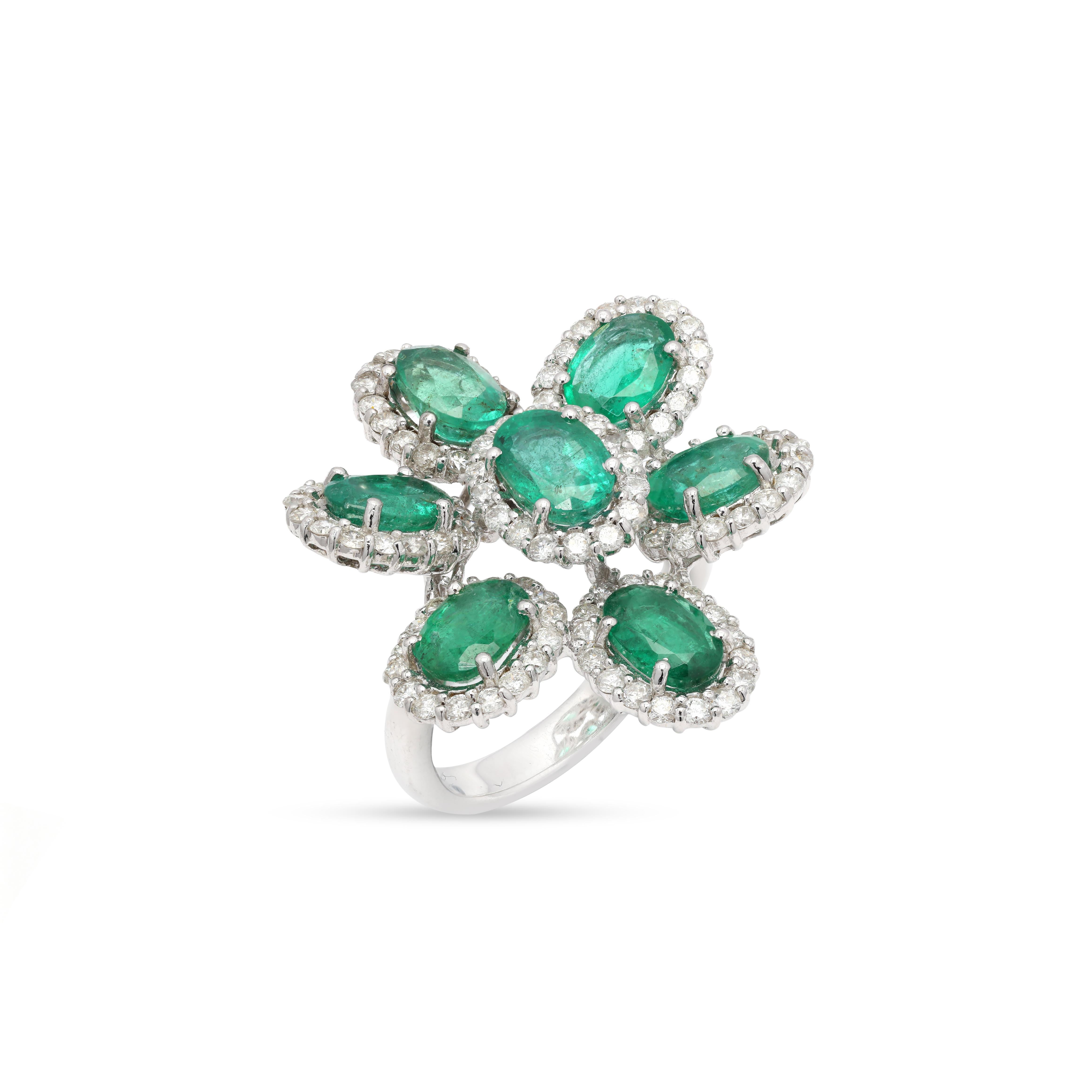For Sale:  Statement 5 ct Emerald Flower Ring with Halo Diamonds in 14 Karat White Gold 5
