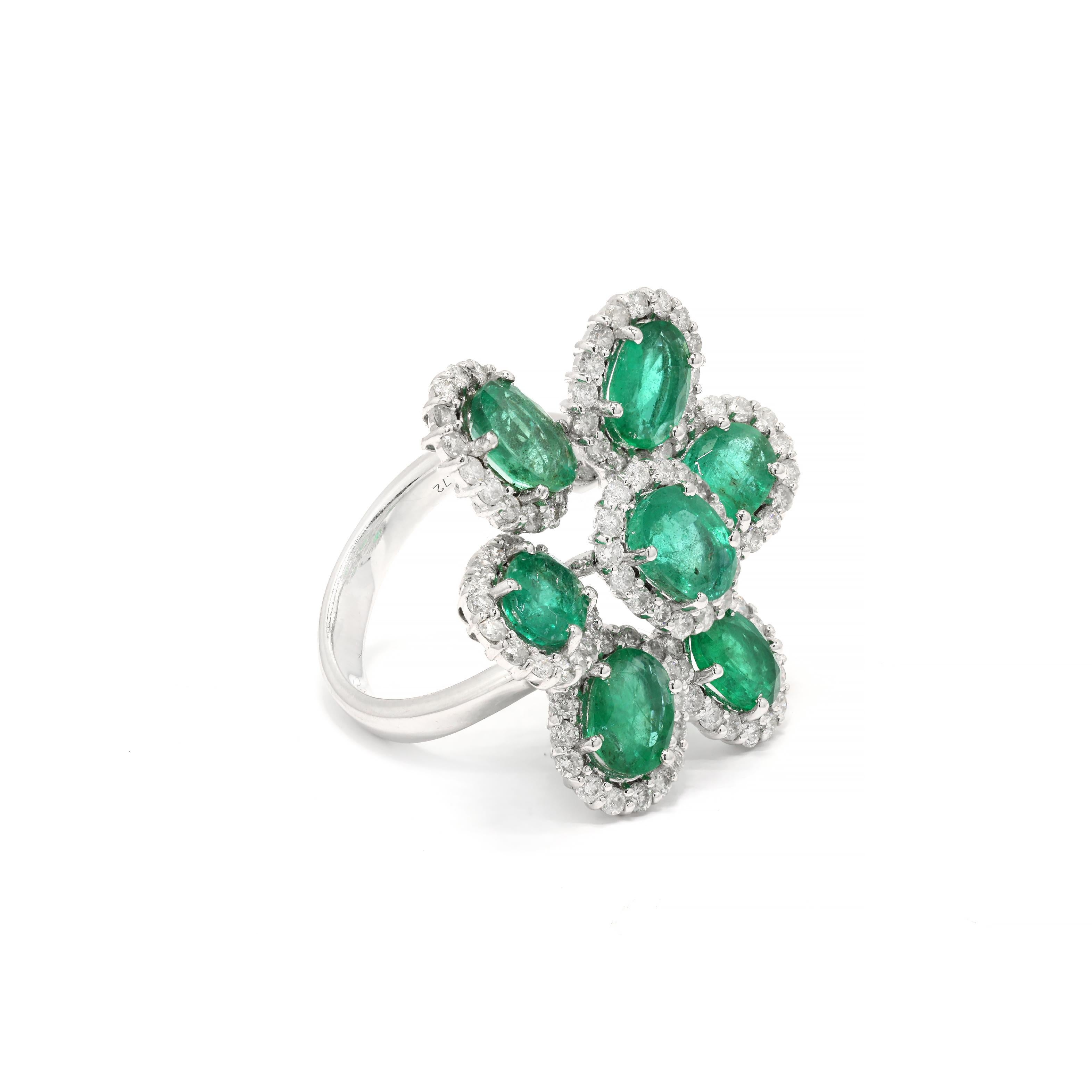 For Sale:  Statement 5 ct Emerald Flower Ring with Halo Diamonds in 14 Karat White Gold 6
