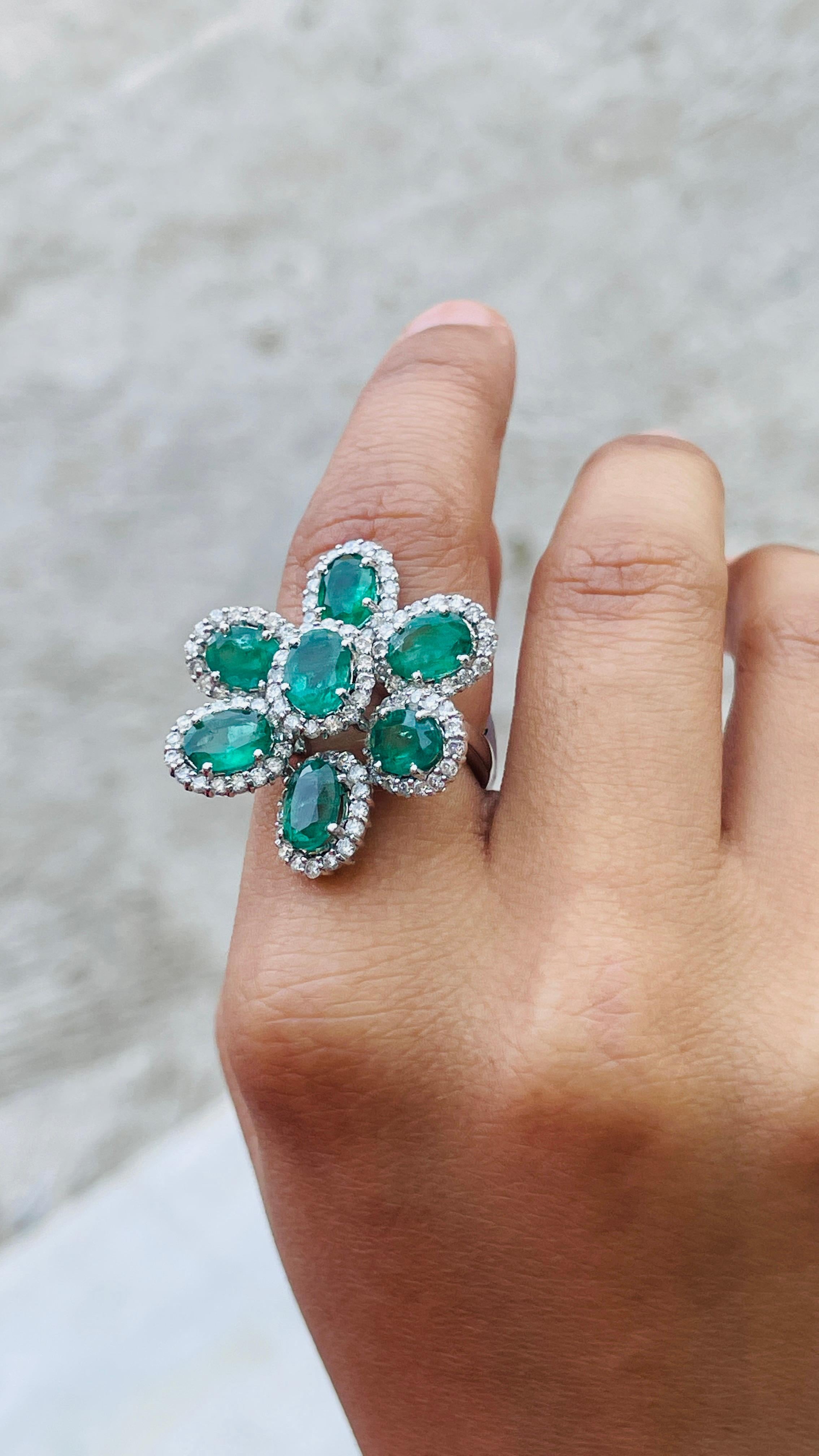 For Sale:  Statement 5 ct Emerald Flower Ring with Halo Diamonds in 14 Karat White Gold 4