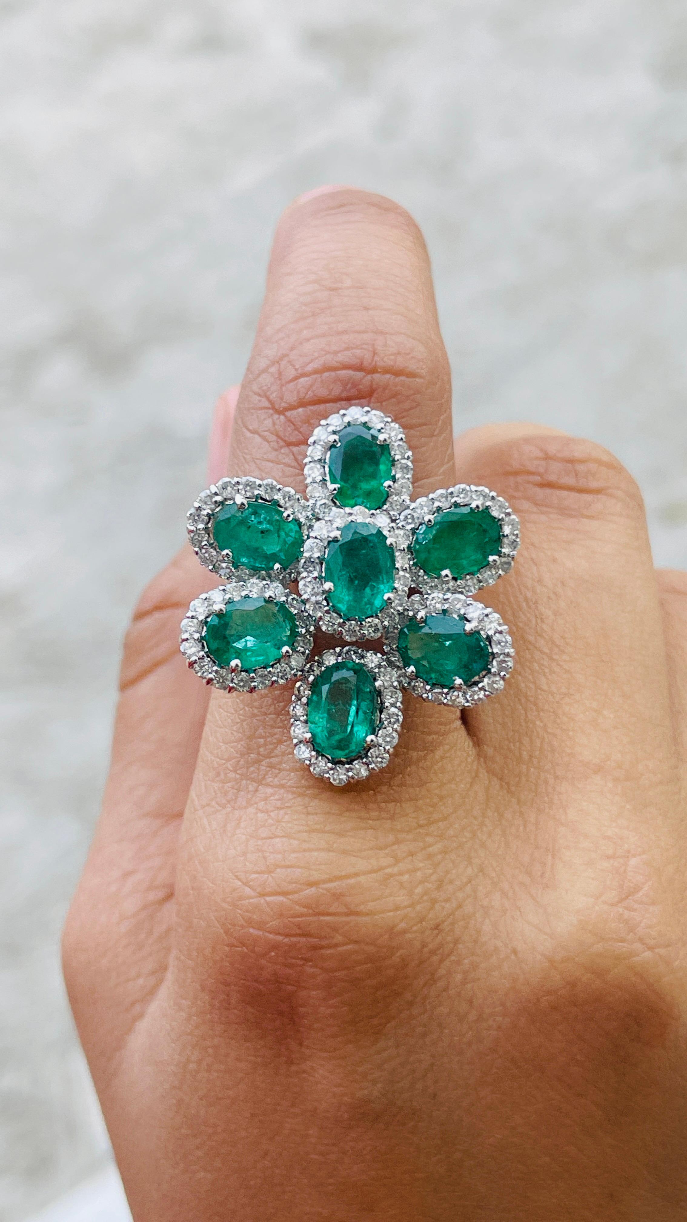 For Sale:  Statement 5 ct Emerald Flower Ring with Halo Diamonds in 14 Karat White Gold 7