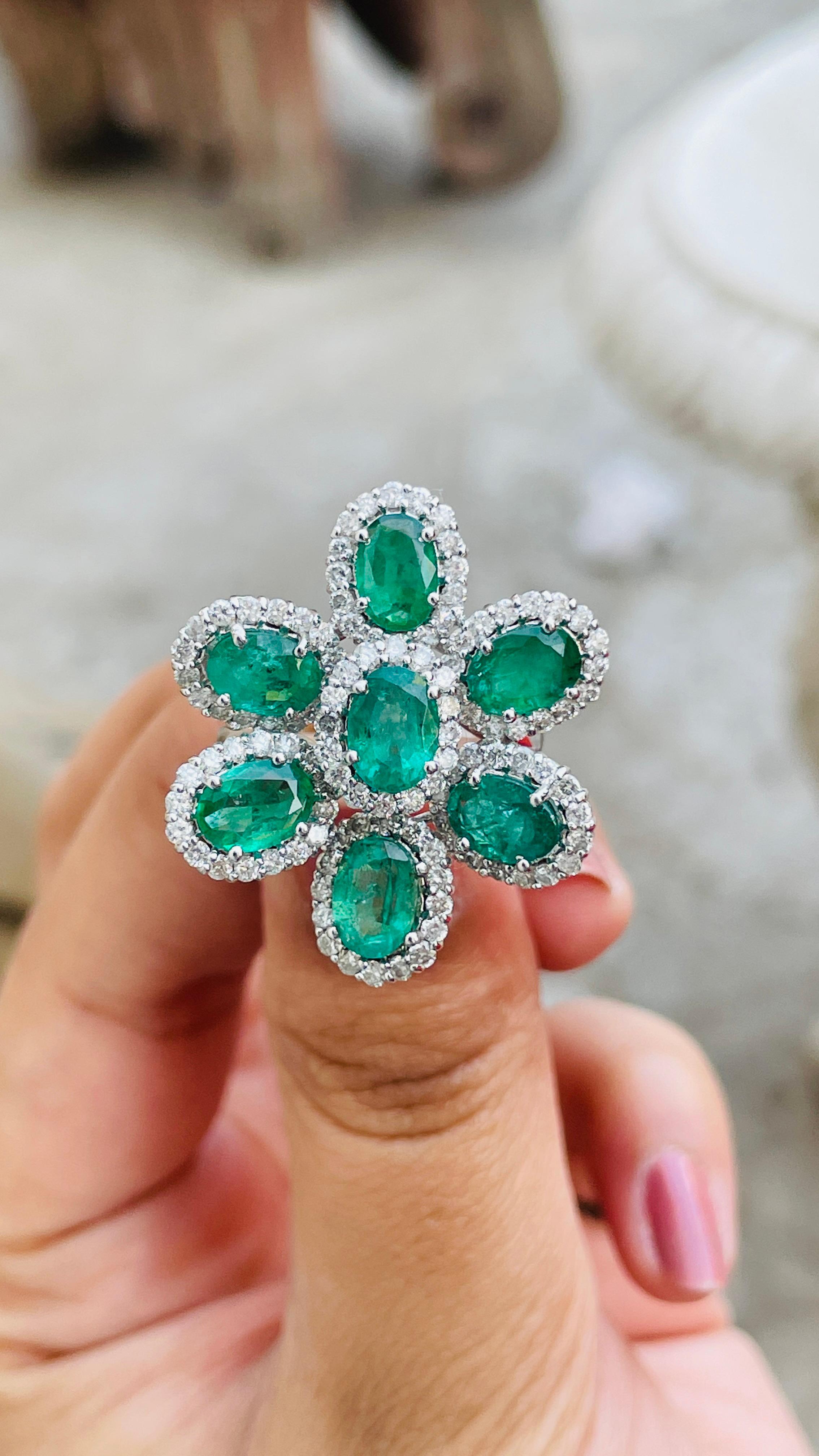 For Sale:  Statement 5 ct Emerald Flower Ring with Halo Diamonds in 14 Karat White Gold 8