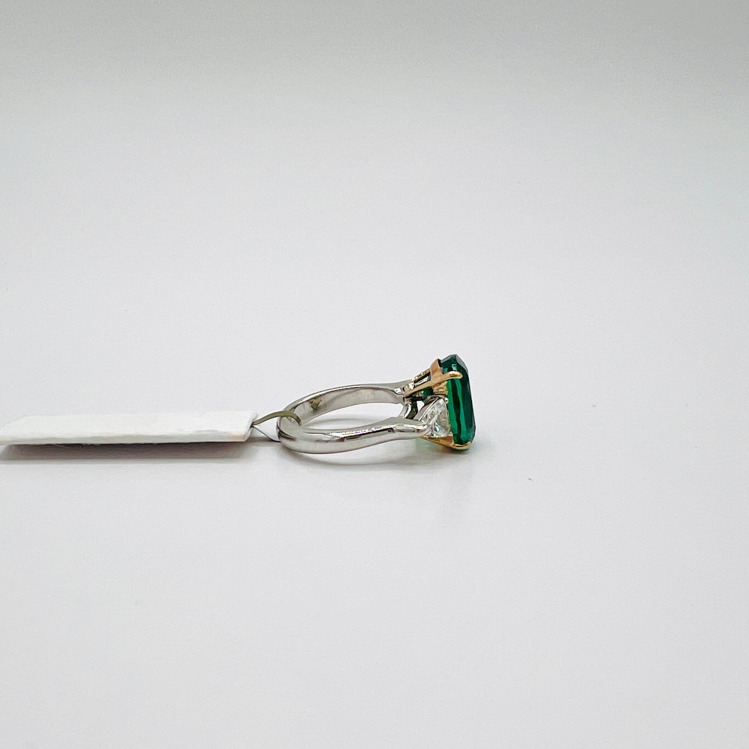 5 Carat Emerald Oval and Diamond Trillion Ring in 18K 2 Tone Gold For Sale 3