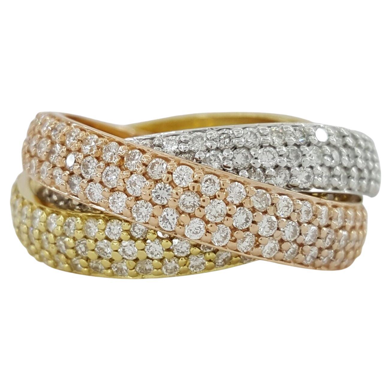 Round Cut 3.5 Carat Eternity Trinity White, Pink and Yellow Gold Band Ring For Sale