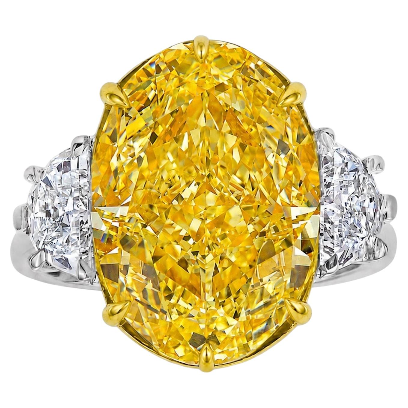 5 Carat Fancy Intense Yellow Oval Diamond Three Stone Engagement Ring