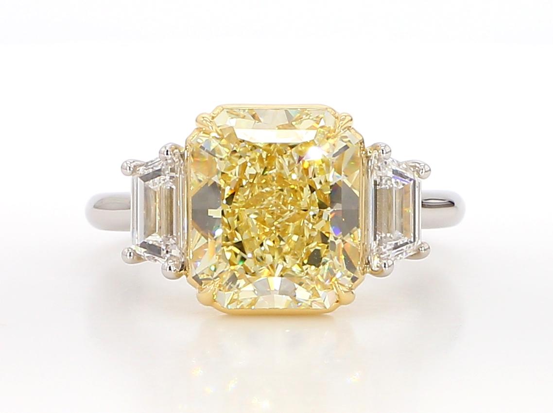 Contemporary 5 Carat Fancy Light Yellow Diamond Three-Stone Engagement Ring, GIA Certified IF For Sale