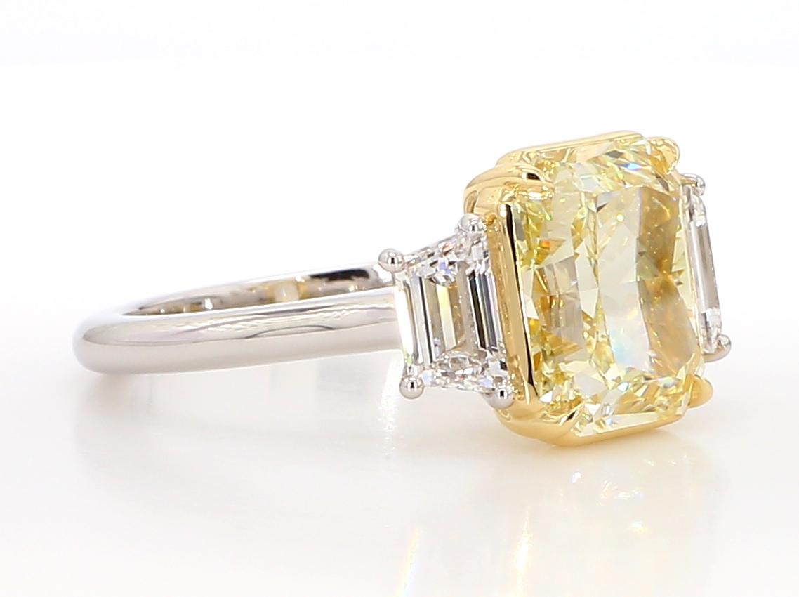 Radiant Cut 5 Carat Fancy Light Yellow Diamond Three-Stone Engagement Ring, GIA Certified IF For Sale