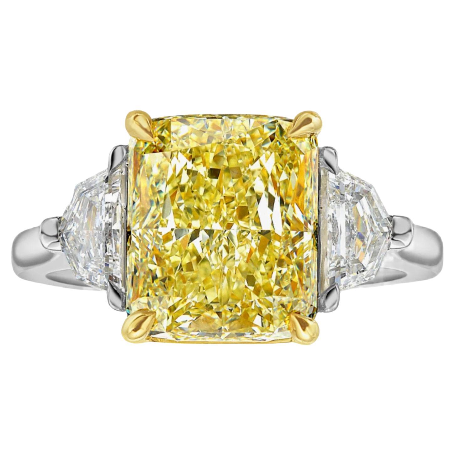 3 Carat Fancy Light Yellow Elongated Cushion Diamond Three Stone Ring ...