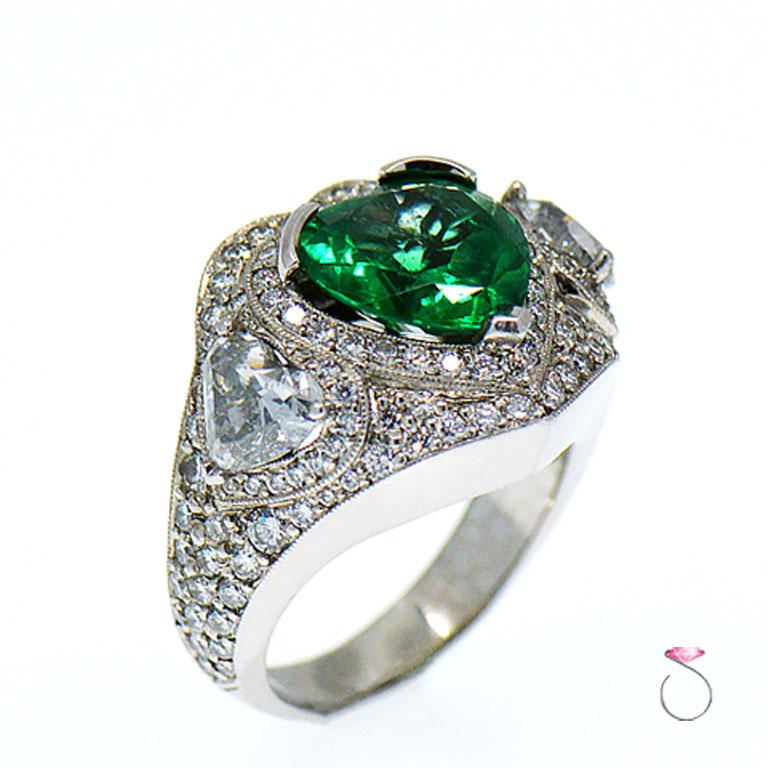 5 Carat Fine Colombian Heart Shape Emerald & Diamond Pave' Platinum Ring, GIA 1