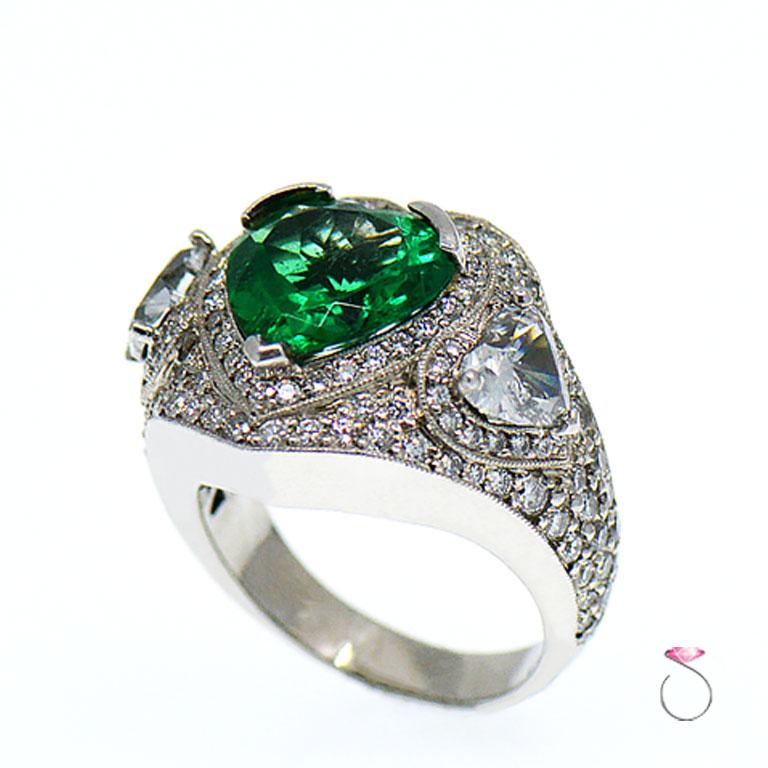 5 Carat Fine Colombian Heart Shape Emerald & Diamond Pave' Platinum Ring, GIA 2