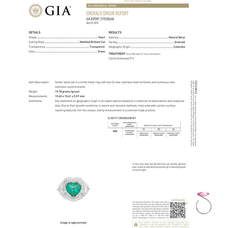 5 Carat Fine Colombian Heart Shape Emerald & Diamond Pave' Platinum Ring, GIA 3